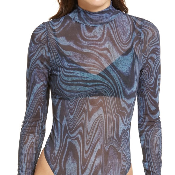 GOOD AMERICAN Blue Moody Mesh Longsleeve Bodysuit - Picture 3 of 10